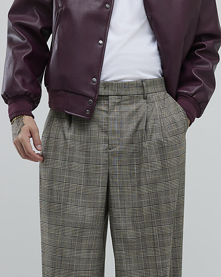Brown Wide Leg Check Trousers
