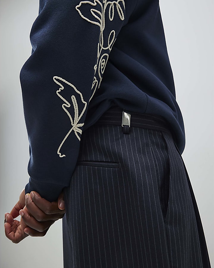 Navy Wide Leg Pinstripe Trousers