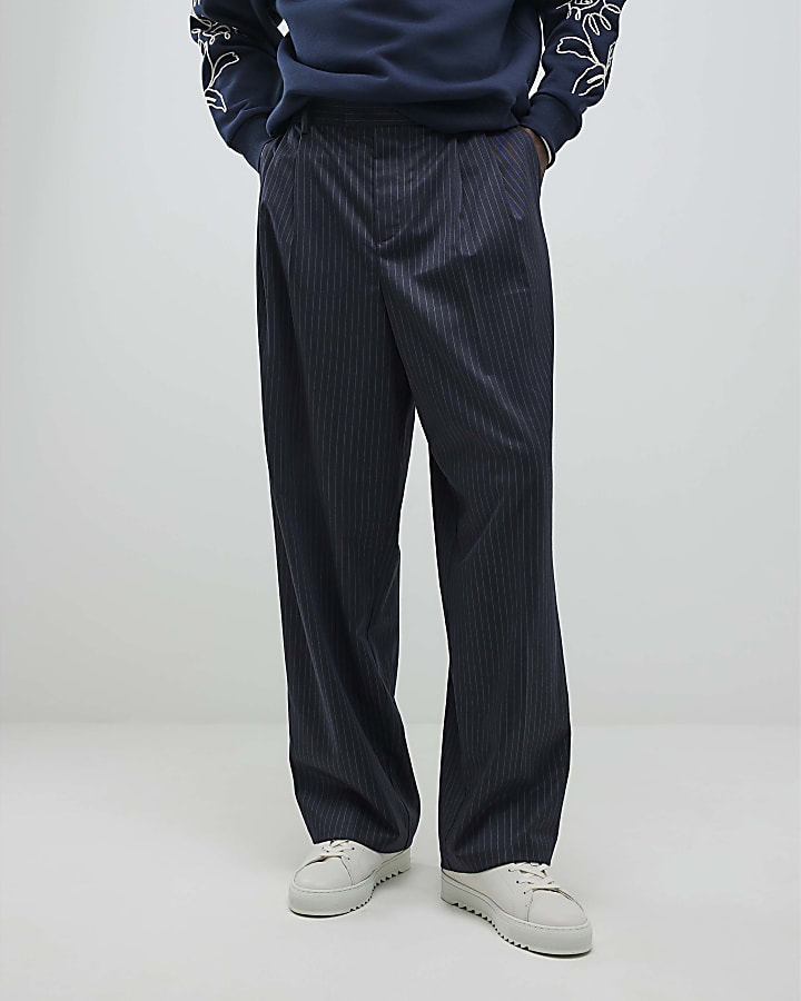 Navy Wide Leg Pinstripe Trousers