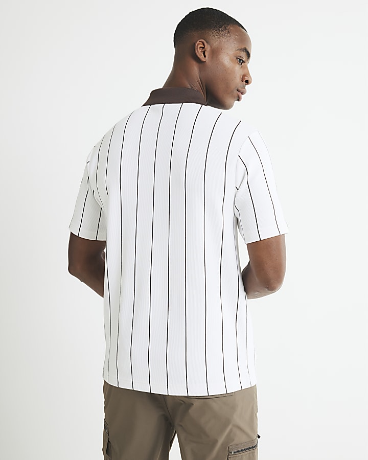 Brown Slim Fit Open Neck Pinstripe Polo Shirt