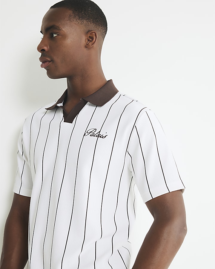 Brown Slim Fit Open Neck Pinstripe Polo Shirt