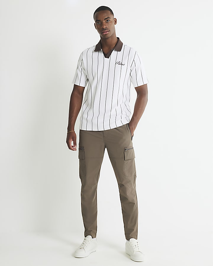 Brown Slim Fit Open Neck Pinstripe Polo Shirt