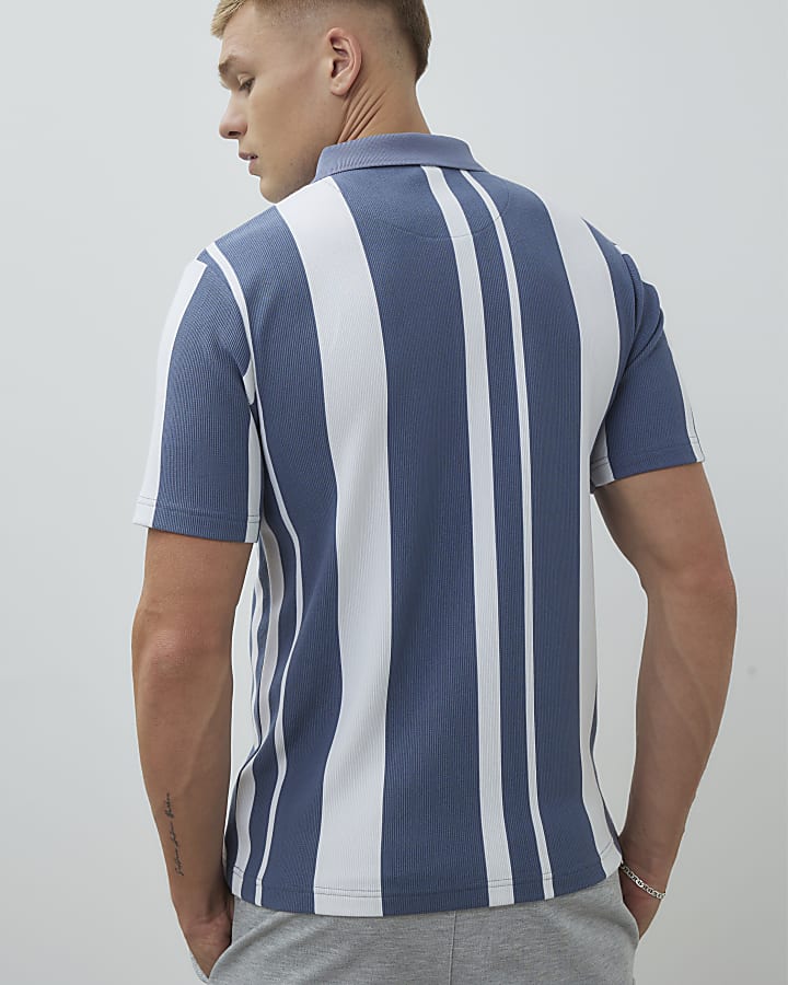 Blue Slim Fit Striped Zipped Polo Shirt