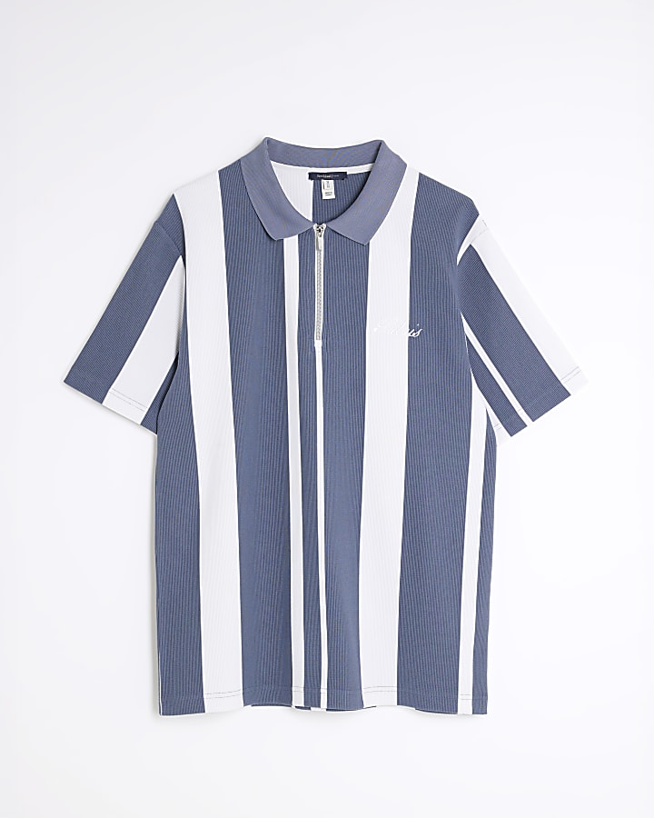 Blue Slim Fit Striped Zipped Polo Shirt
