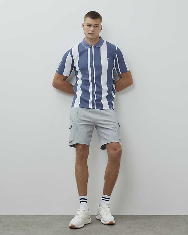 Blue Slim Fit Striped Zipped Polo Shirt