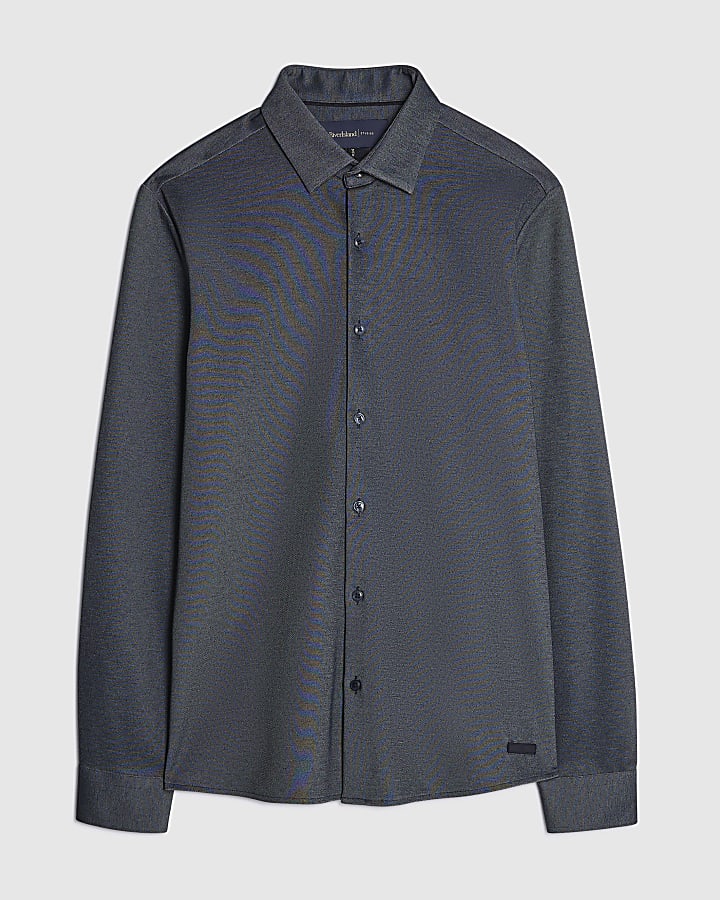 Navy Muscle Fit Pique Textured Shirt
