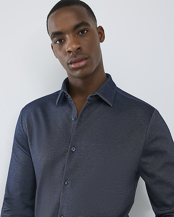 Navy Muscle Fit Pique Textured Shirt