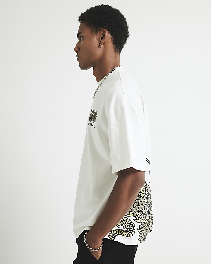 White Oversized Fit Dragon T-Shirt