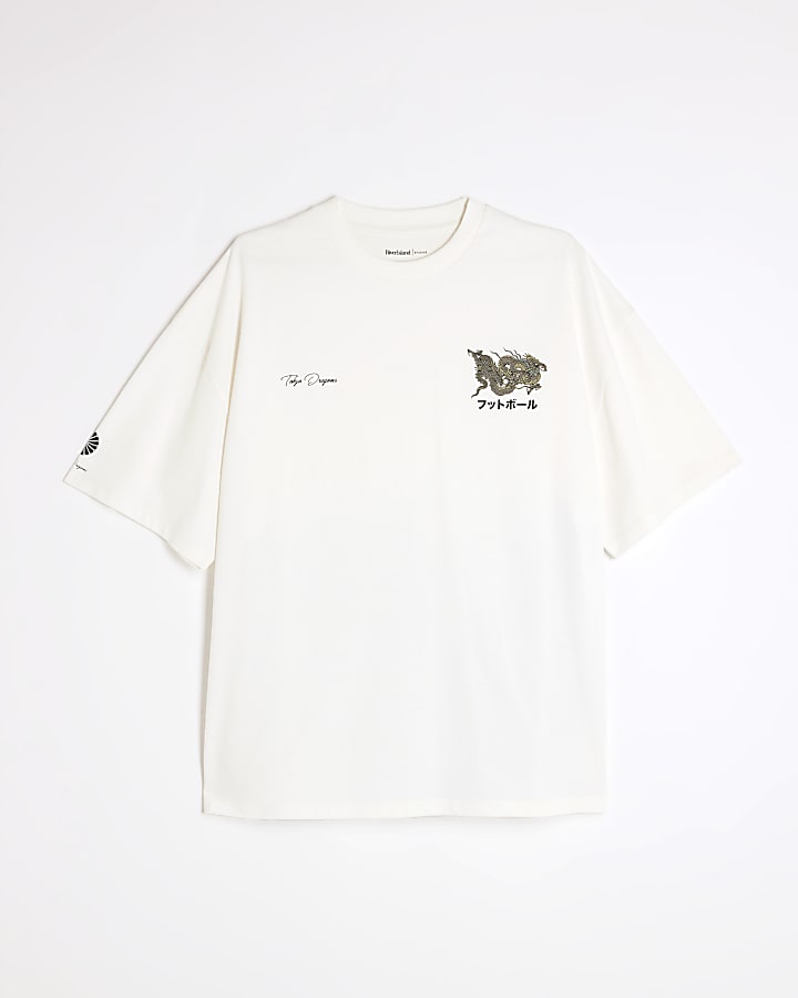 White Oversized Fit Dragon T-Shirt