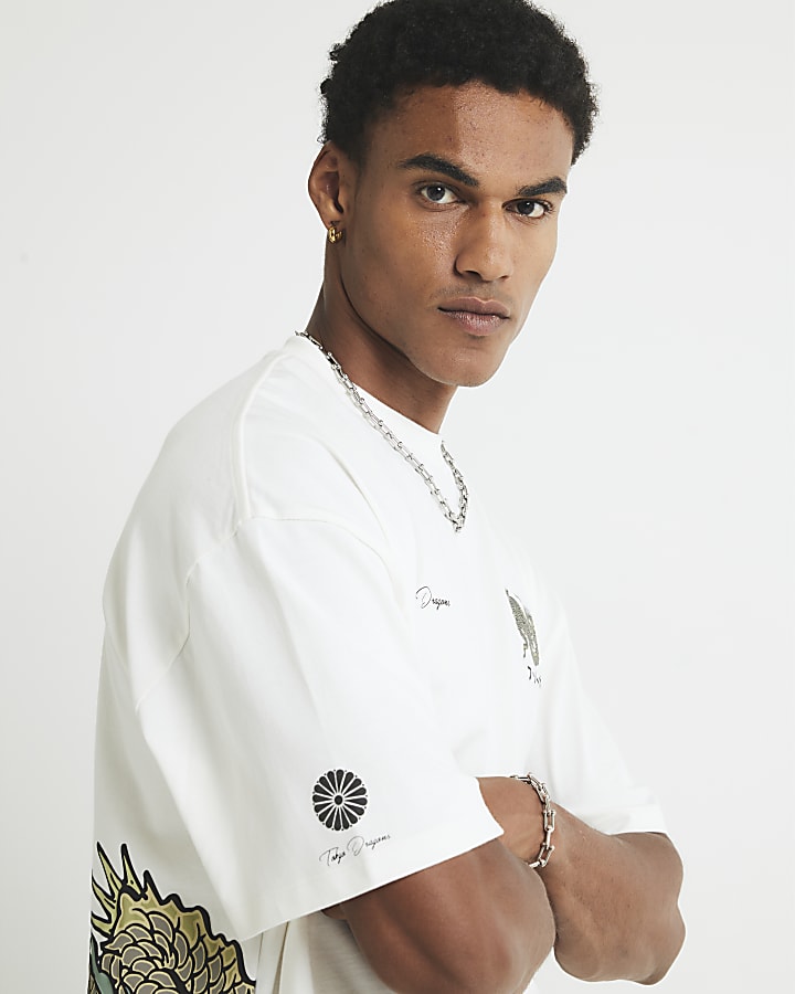 White Oversized Fit Dragon T-Shirt