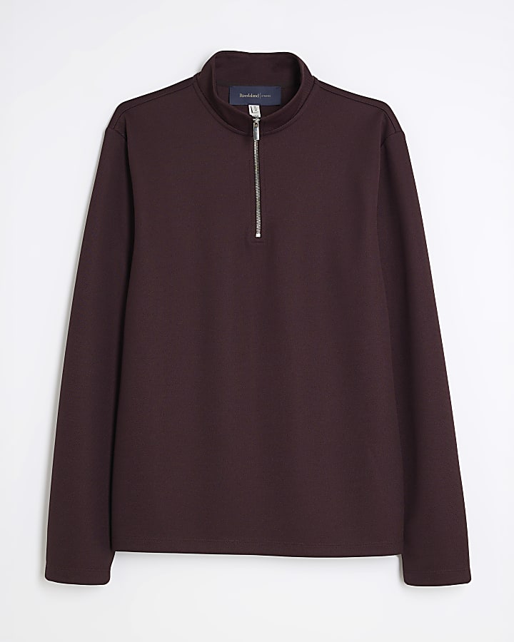 Red Slim Fit Pique Half Zip Funnel Sweatshirt