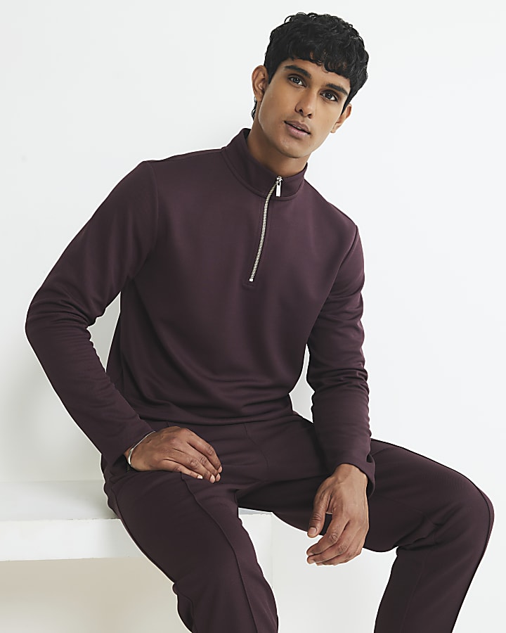 Red Slim Fit Pique Half Zip Funnel Sweatshirt