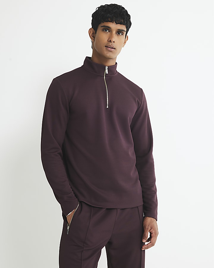 Red Slim Fit Pique Half Zip Funnel Sweatshirt