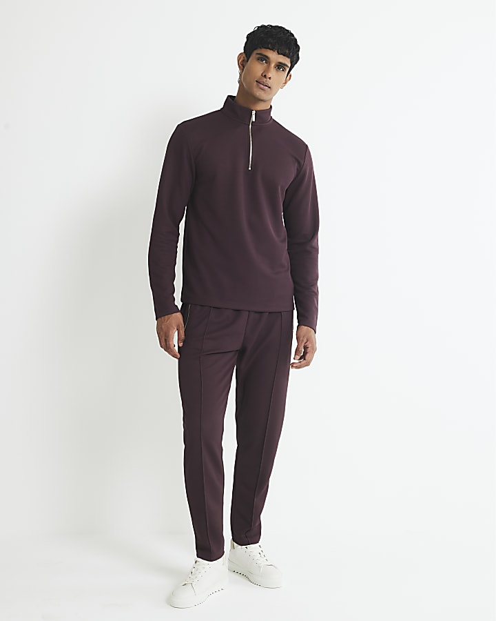 Red Slim Fit Pique Half Zip Funnel Sweatshirt