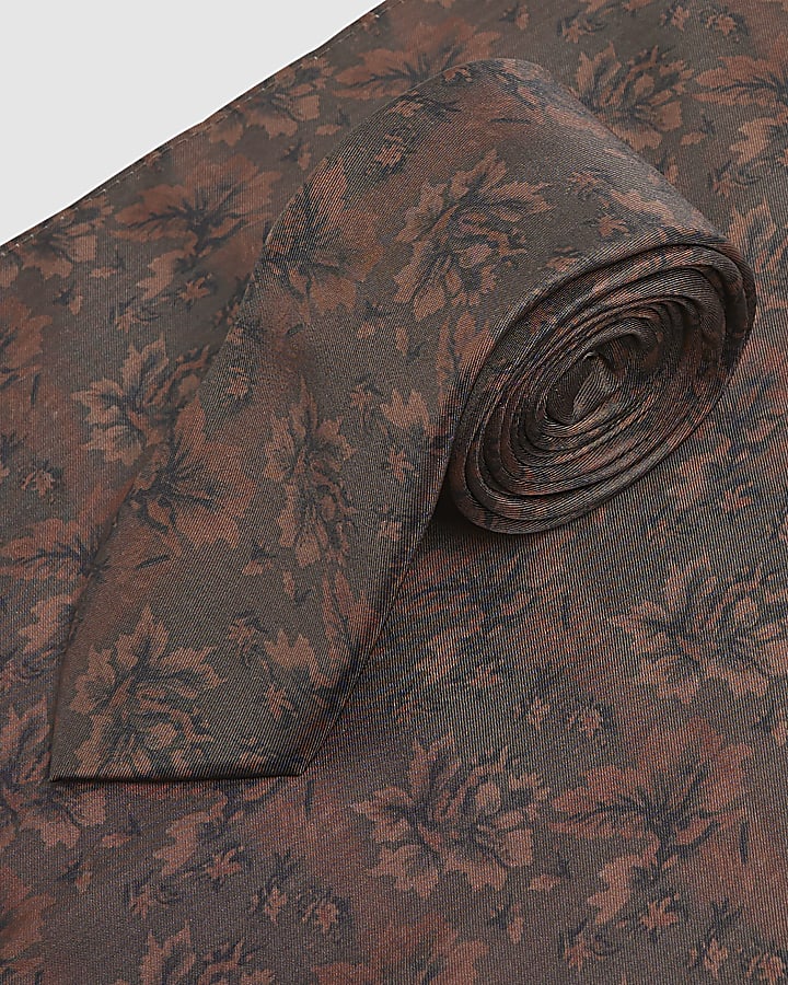 Brown Floral Handkerchief And Tie Set