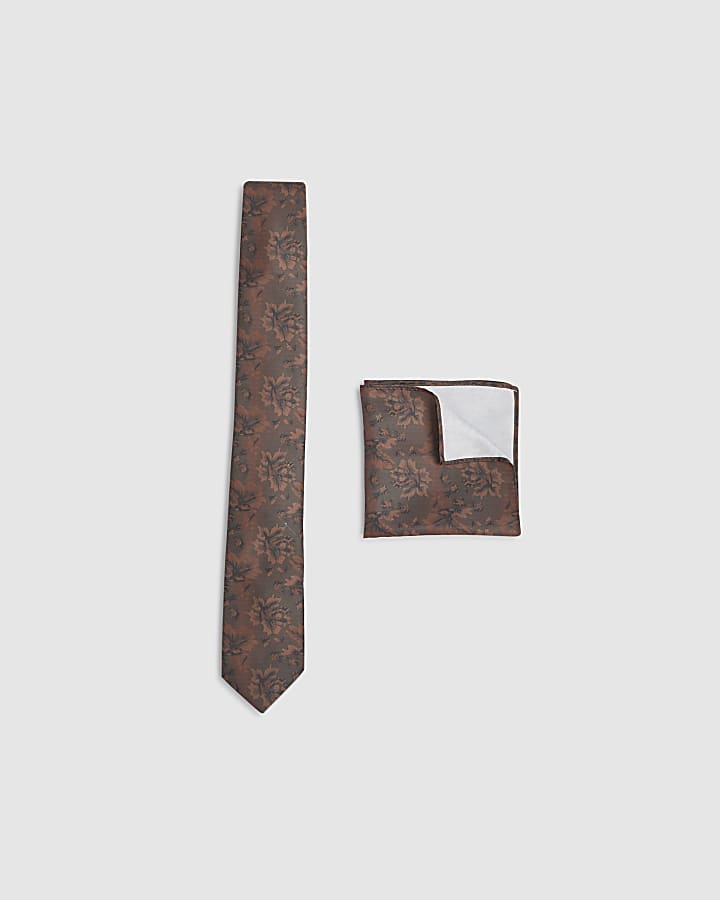 Brown Floral Handkerchief And Tie Set