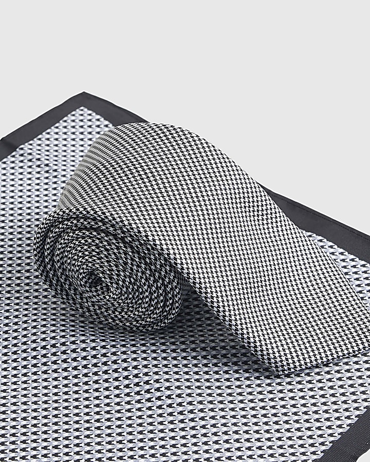Grey Puppytooth Handkerchief And Tie Set