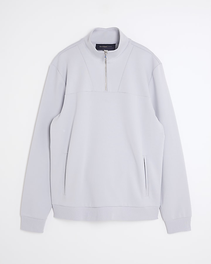 Blue Slim Fit Zipped Funnel Neck Sweatshirt