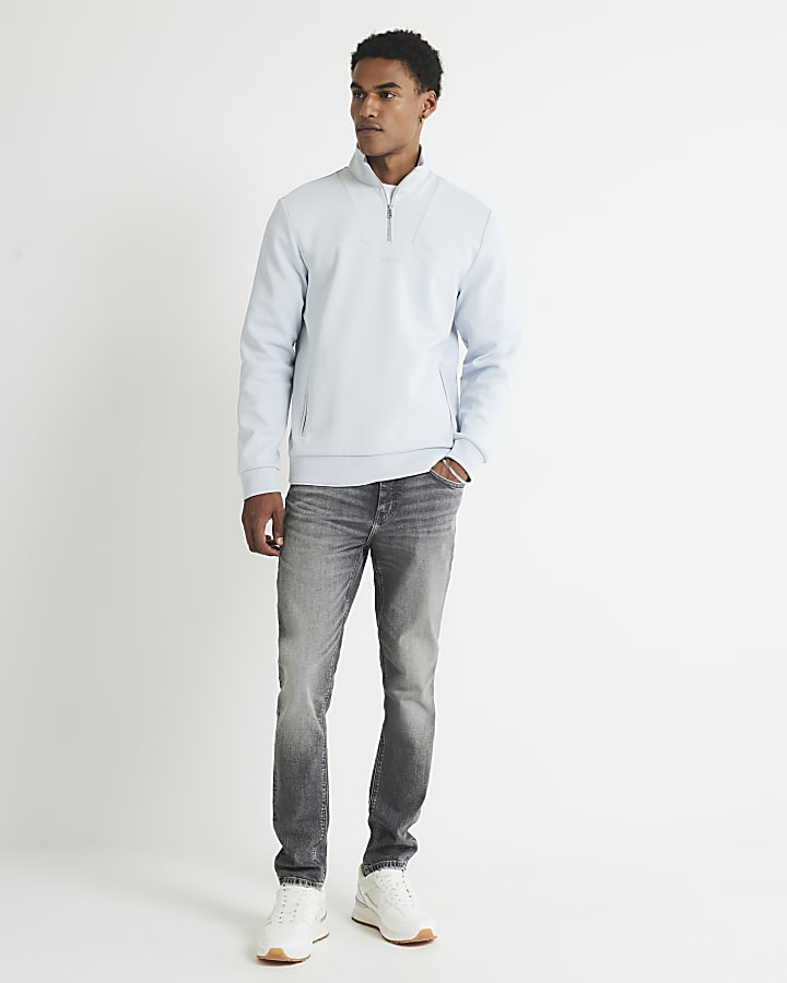 Blue Slim Fit Zipped Funnel Neck Sweatshirt
