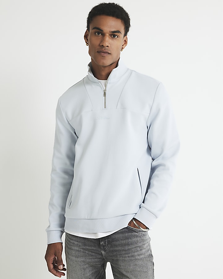 Blue Slim Fit Zipped Funnel Neck Sweatshirt