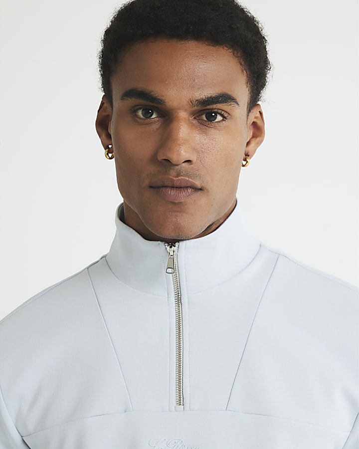 Blue Slim Fit Zipped Funnel Neck Sweatshirt