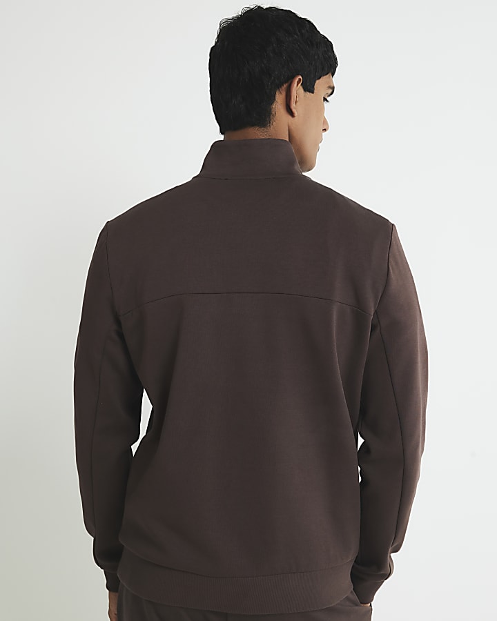 Brown Slim Fit Zipped Funnel Neck Sweatshirt