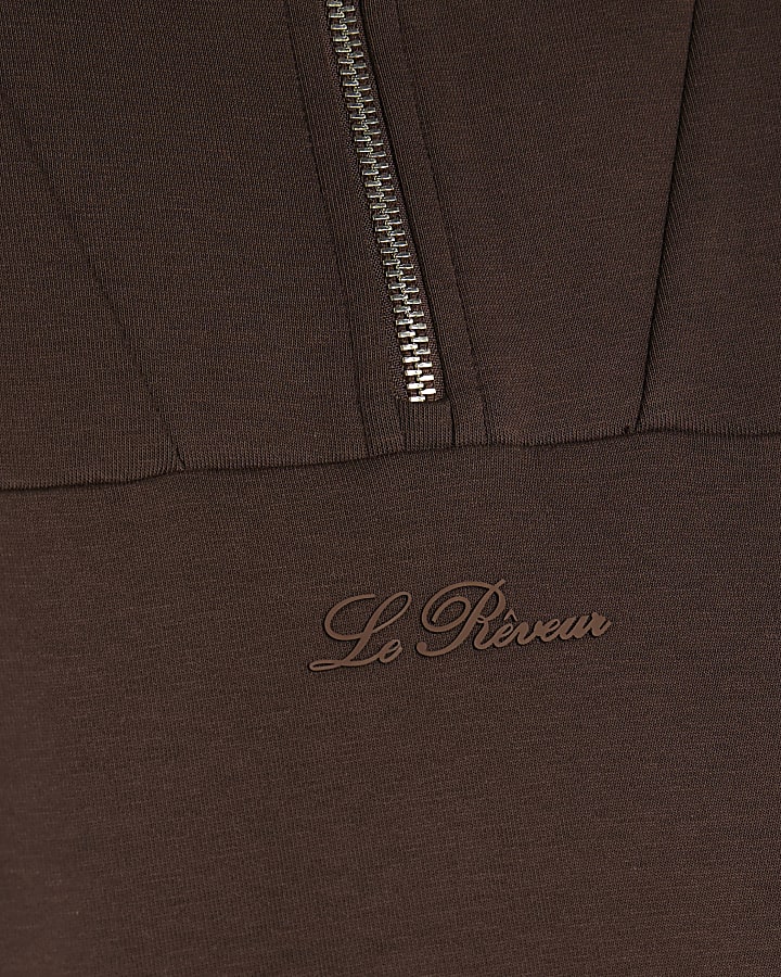 Brown Slim Fit Zipped Funnel Neck Sweatshirt