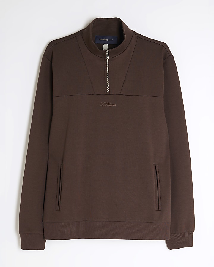 Brown Slim Fit Zipped Funnel Neck Sweatshirt