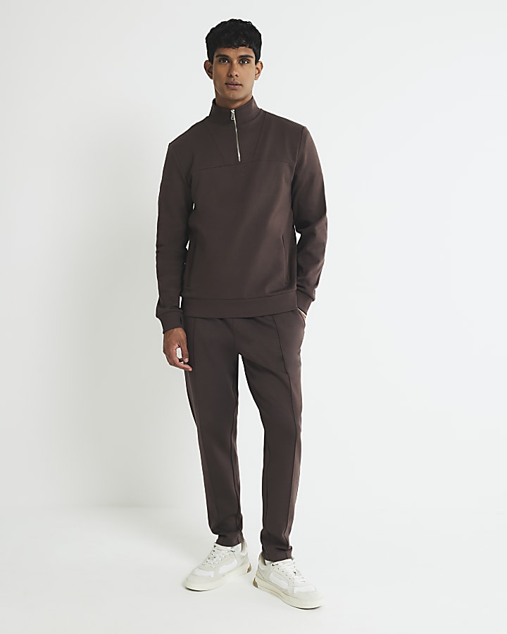 Brown Slim Fit Zipped Funnel Neck Sweatshirt
