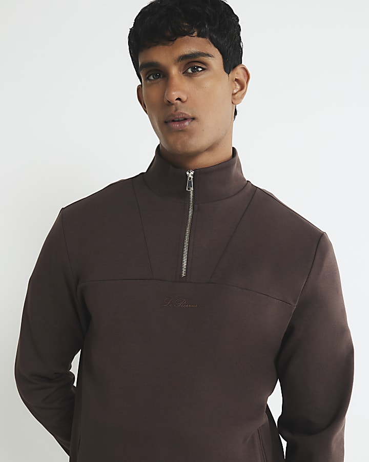 Brown Slim Fit Zipped Funnel Neck Sweatshirt