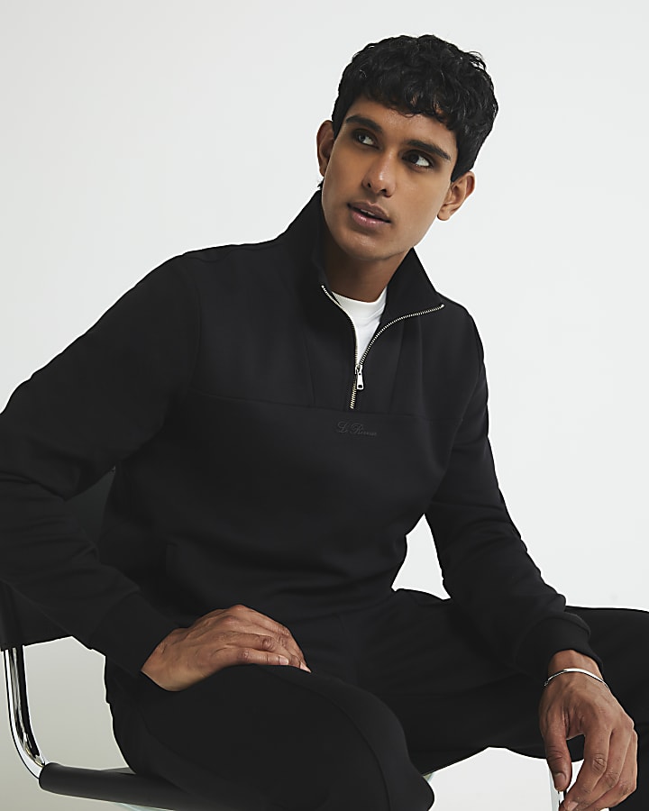 Black Slim Fit Zipped Funnel Neck Sweatshirt