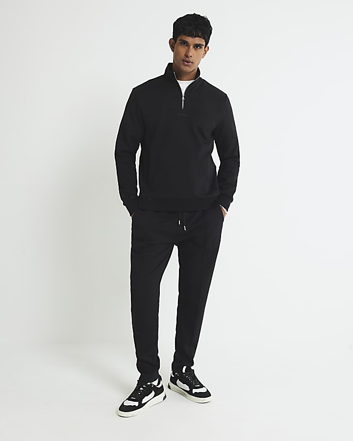 Black Slim Fit Zipped Funnel Neck Sweatshirt