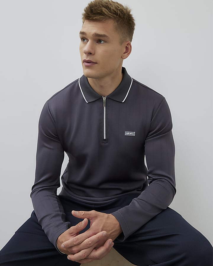Grey Muscle Fit Les Amis Striped Polo Shirt