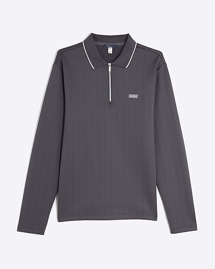 Grey Muscle Fit Les Amis Striped Polo Shirt
