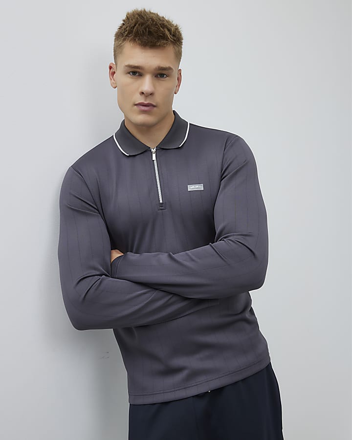 Grey Muscle Fit Les Amis Striped Polo Shirt