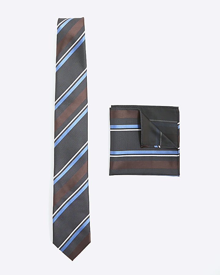 Navy Stripe Handkerchief And Tie Set