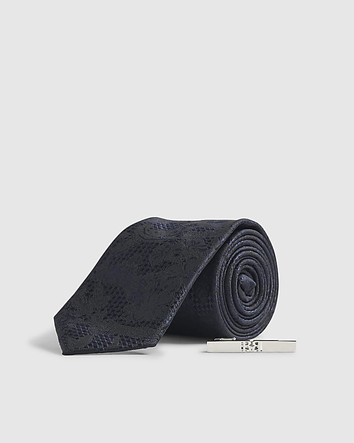 Navy Floral Tie and Bar