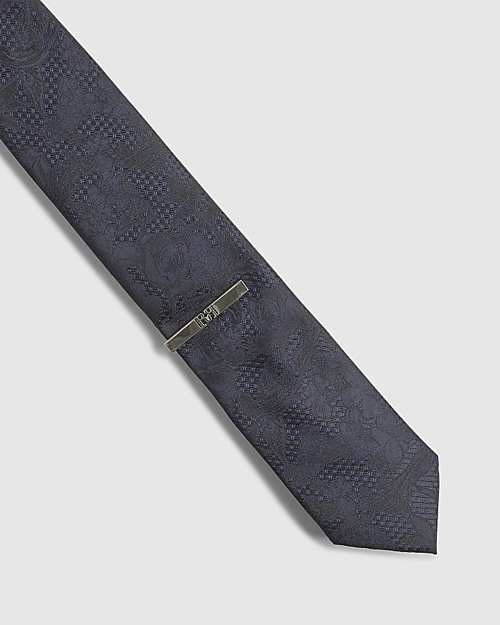 Navy Floral Tie and Bar