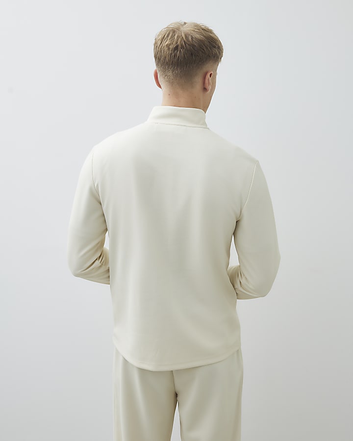Cream Slim Fit Half Zip Funnel Sweatshirt