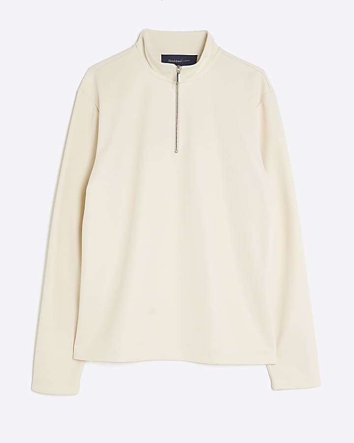 Cream Slim Fit Half Zip Funnel Sweatshirt