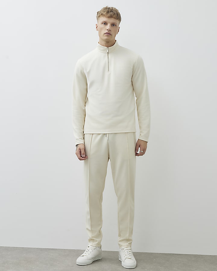 Cream Slim Fit Half Zip Funnel Sweatshirt
