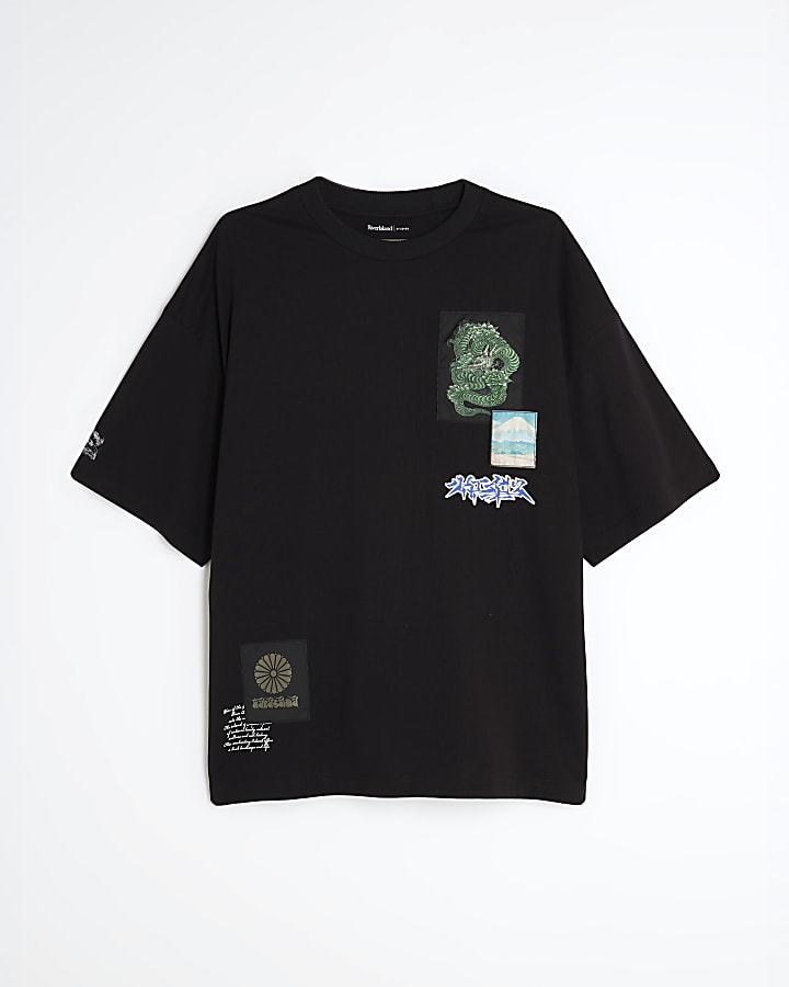 Black Oversized Fit Japanese Patch T-Shirt