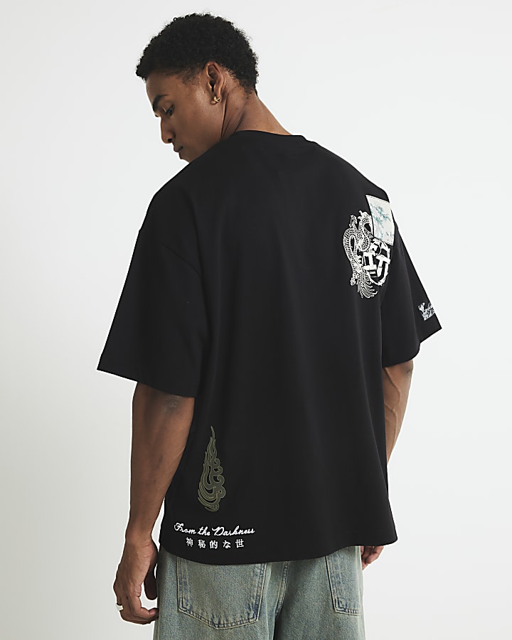 Black Oversized Fit Japanese Patch T-Shirt