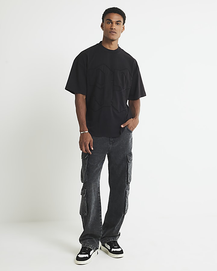 Black Oversized Fit 98 Applique T-Shirt