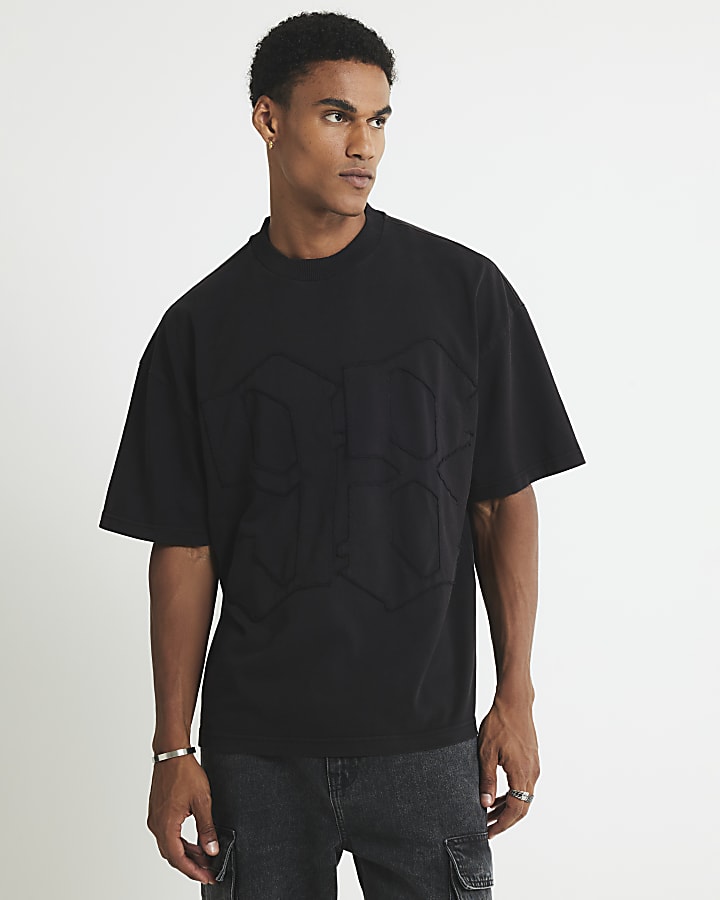 Black Oversized Fit 98 Applique T-Shirt