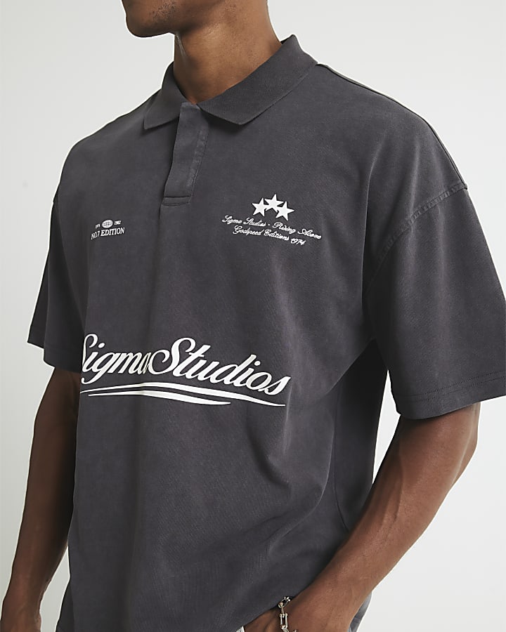 Grey Oversized Fit Sigma Studios Polo Shirt