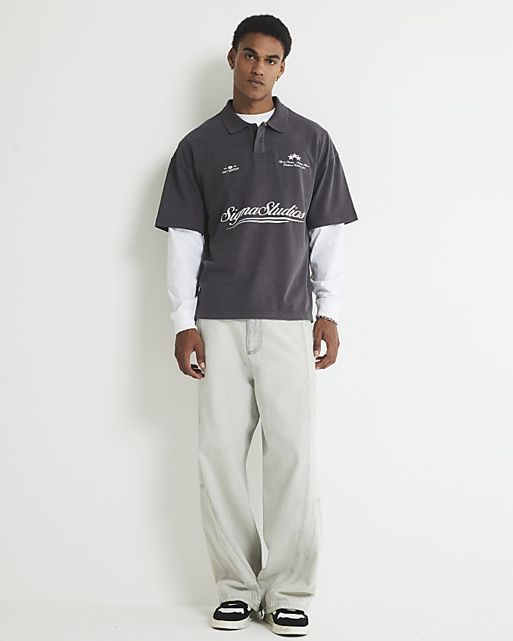 Grey Oversized Fit Sigma Studios Polo Shirt