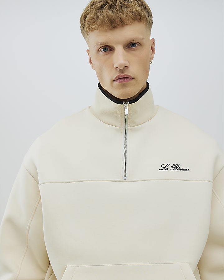 Cream Oversized Fit Embroidered Sweatshirt
