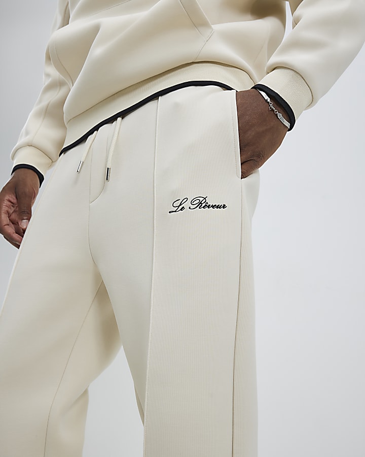 Cream Regular Fit Embroidered Joggers