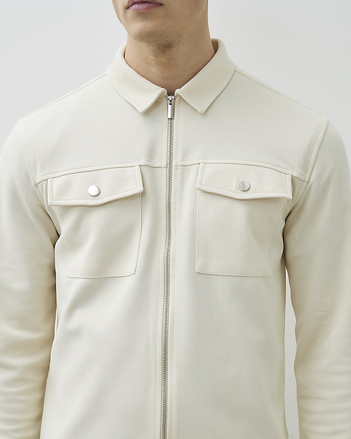 Ecru Slim Fit Double Pocket Overshirt
